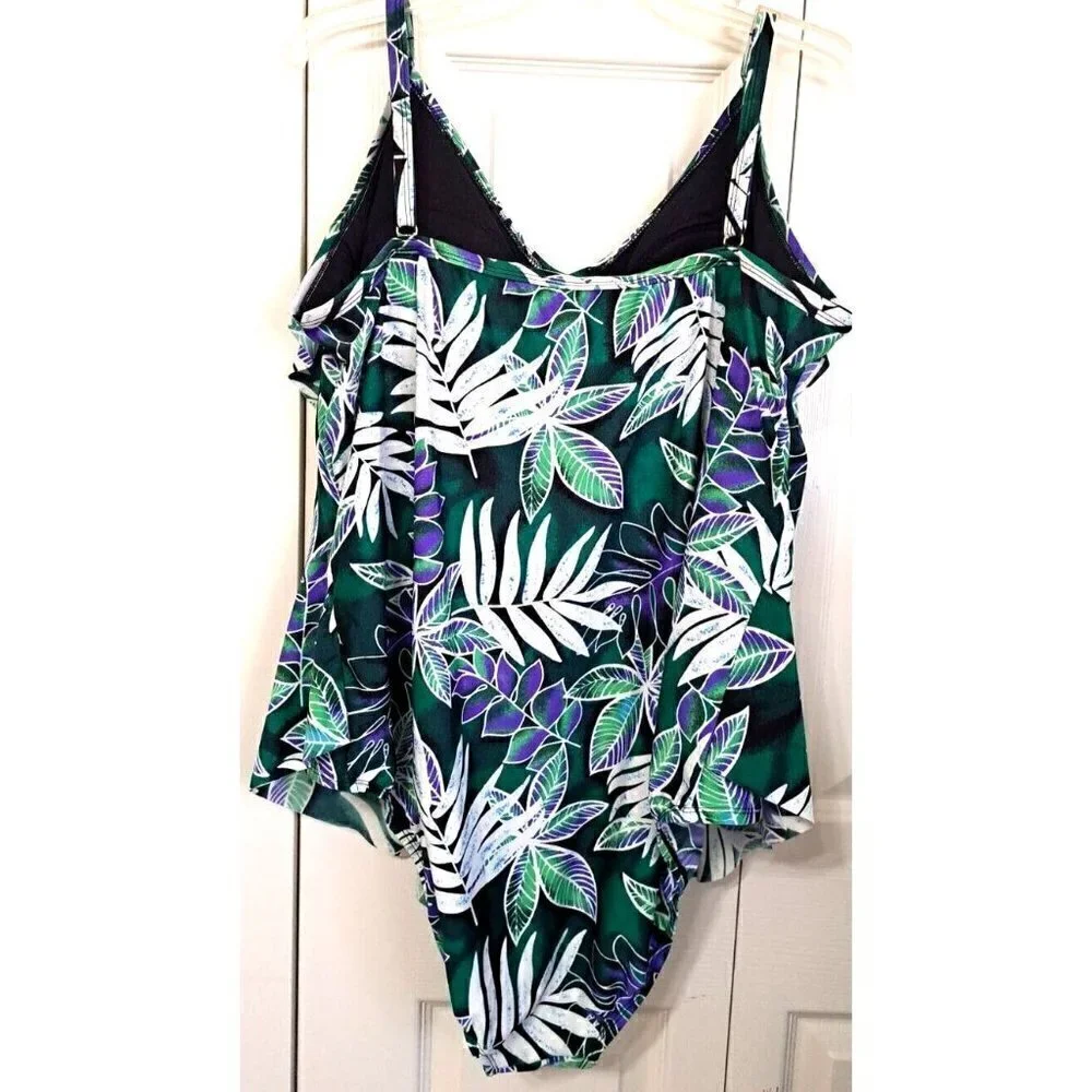 Sea & Sand Beachwear 24W One Piece Tropical Print Ruffled Swimsuit Thin Straps
